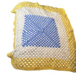 Handmade Crochet Knit Baby Crib Blanket Yellow White Blue Soft Cotton Throw